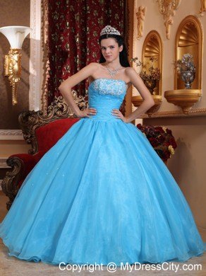 Fast Delivery Aqua Strapless Appliques Quinceanera Gowns 2013