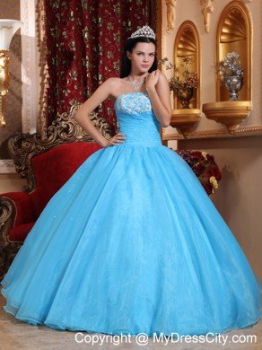 Fast Delivery Aqua Strapless Appliques Quinceanera Gowns 2013