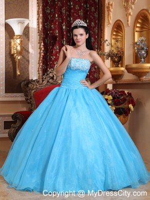 Fast Delivery Aqua Strapless Appliques Quinceanera Gowns 2013