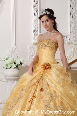 Gold Strapless Organza Embroidery with Beading Quinceanera Dress