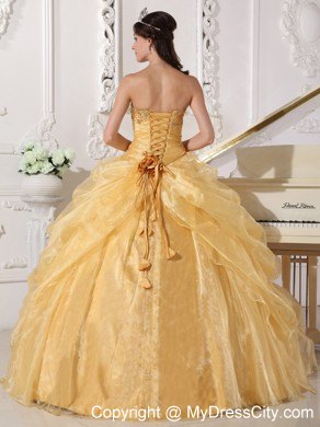 Gold Strapless Organza Embroidery with Beading Quinceanera Dress