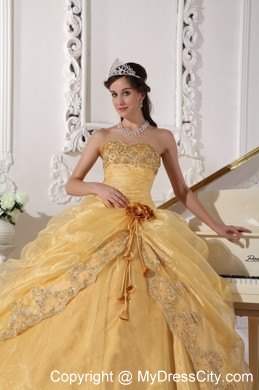 Gold Strapless Organza Embroidery with Beading Quinceanera Dress