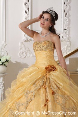 Gold Strapless Organza Embroidery with Beading Quinceanera Dress