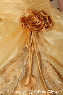 Gold Strapless Organza Embroidery with Beading Quinceanera Dress