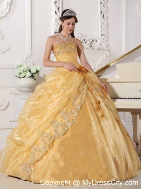 Gold Strapless Organza Embroidery with Beading Quinceanera Dress