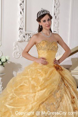 Gold Strapless Organza Embroidery with Beading Quinceanera Dress