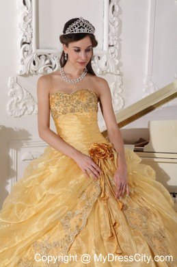 Gold Strapless Organza Embroidery with Beading Quinceanera Dress