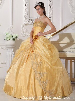 Gold Strapless Organza Embroidery with Beading Quinceanera Dress