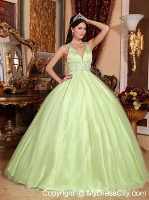 Dreamy Yellow Green V-neck Beading Quinceanera Gowns