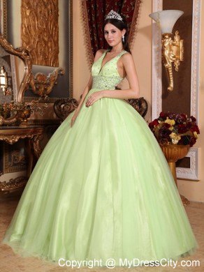 Dreamy Yellow Green V-neck Beading Quinceanera Gowns