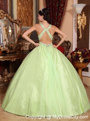 Dreamy Yellow Green V-neck Beading Quinceanera Gowns