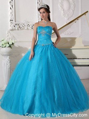 Beading Tulle Strapless Teal Quinceanera Dress for Girls