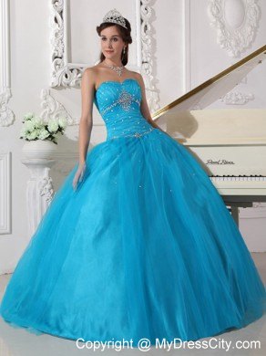 Beading Tulle Strapless Teal Quinceanera Dress for Girls