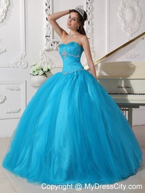 Beading Tulle Strapless Teal Quinceanera Dress for Girls