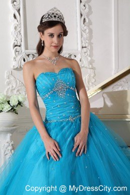 Beading Tulle Strapless Teal Quinceanera Dress for Girls