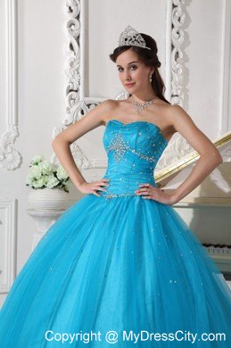 Beading Tulle Strapless Teal Quinceanera Dress for Girls