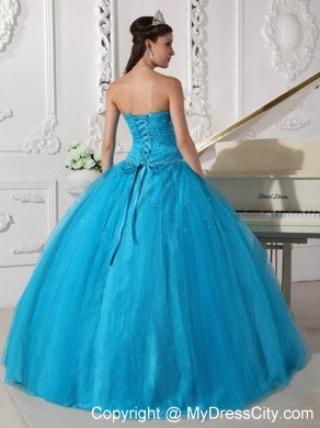 Beading Tulle Strapless Teal Quinceanera Dress for Girls