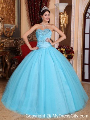 Aqua Sweetheart Beading and Ruches Quinceanera Party Dress