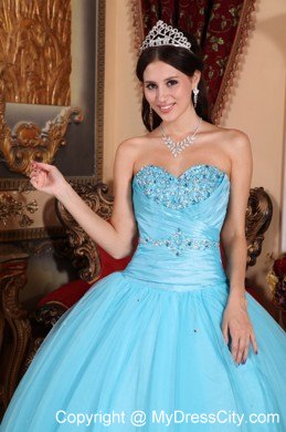 Aqua Sweetheart Beading and Ruches Quinceanera Party Dress