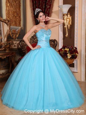 Aqua Sweetheart Beading and Ruches Quinceanera Party Dress