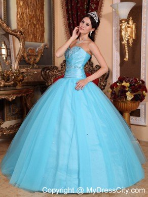 Aqua Sweetheart Beading and Ruches Quinceanera Party Dress