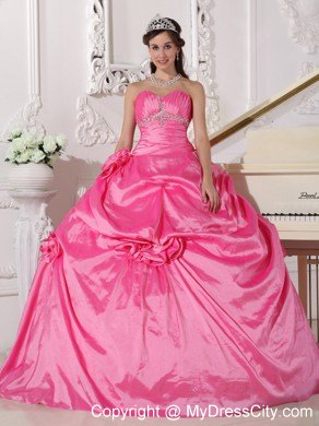 Rose Pink Sweetheart Hand Made Flowers Quinceanera Dress