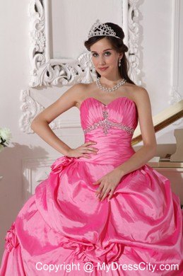 Rose Pink Sweetheart Hand Made Flowers Quinceanera Dress