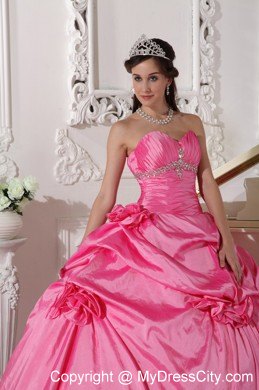 Rose Pink Sweetheart Hand Made Flowers Quinceanera Dress