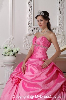 Rose Pink Sweetheart Hand Made Flowers Quinceanera Dress