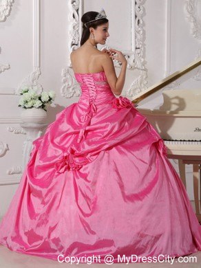 Rose Pink Sweetheart Hand Made Flowers Quinceanera Dress