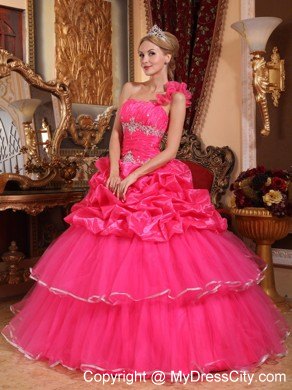 Coral One Shoulder Flower Organza Beading Dress for Sweet 15