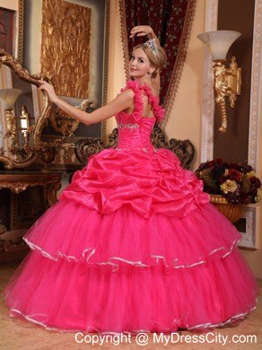 Coral One Shoulder Flower Organza Beading Dress for Sweet 15