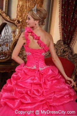 Coral One Shoulder Flower Organza Beading Dress for Sweet 15