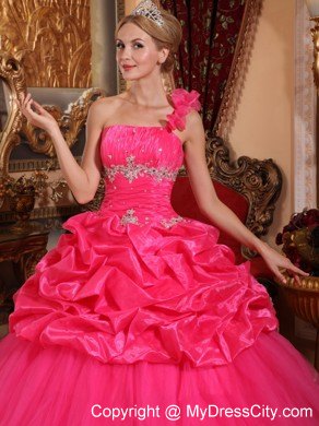 Coral One Shoulder Flower Organza Beading Dress for Sweet 15