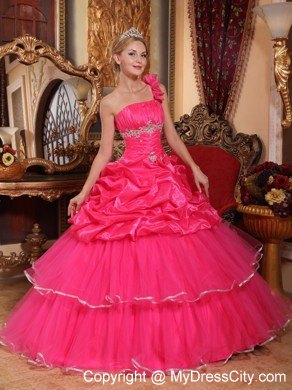 Coral One Shoulder Flower Organza Beading Dress for Sweet 15