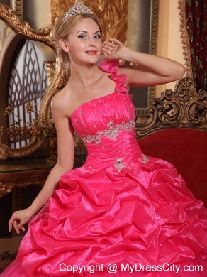 Coral One Shoulder Flower Organza Beading Dress for Sweet 15