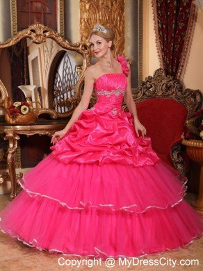 Coral One Shoulder Flower Organza Beading Dress for Sweet 15