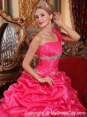 Coral One Shoulder Flower Organza Beading Dress for Sweet 15