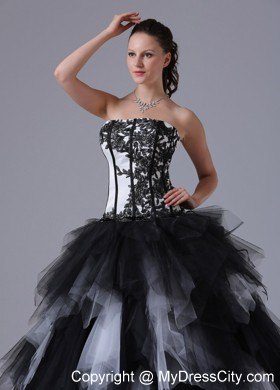 Black and White Tiered Quinceanera Dress With Embroidery