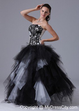 Black and White Tiered Quinceanera Dress With Embroidery