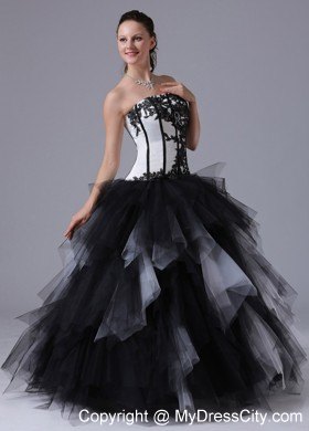 Black and White Tiered Quinceanera Dress With Embroidery