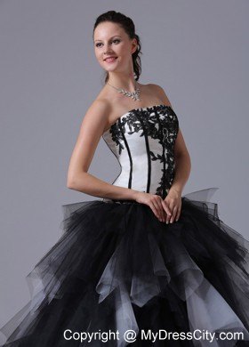 Black and White Tiered Quinceanera Dress With Embroidery