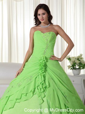 Spring Green Sweetheart Chiffon Flowers Dress for Quince