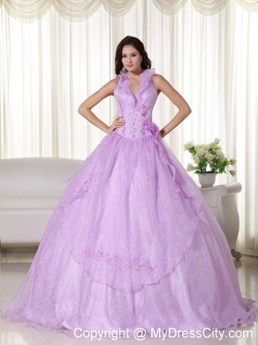 Lavender Floral V-neckline Embroidery Quinceanera Gowns