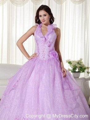 Lavender Floral V-neckline Embroidery Quinceanera Gowns