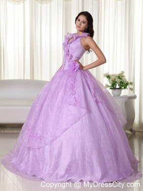 Lavender Floral V-neckline Embroidery Quinceanera Gowns