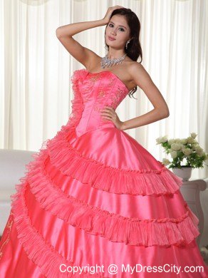 Strapless Embroidery Wholesale 2013 Coral Dress for Quinceanera