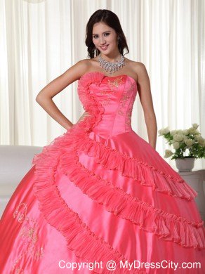 Strapless Embroidery Wholesale 2013 Coral Dress for Quinceanera