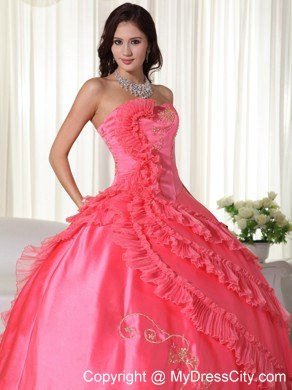 Strapless Embroidery Wholesale 2013 Coral Dress for Quinceanera