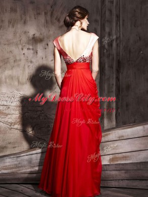 Floor Length Backless Prom Gown Coral Red for Prom and Party with Beading